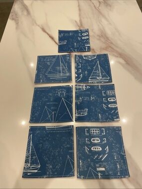 Sea Bags Maine - Nautical Blueprint Coasters - Blue & White Set of 7